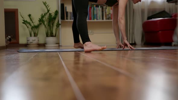 Woman doing stretches on mat in home