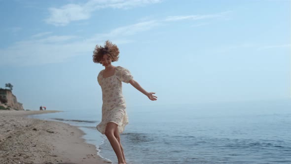 Happy Girl Jumping Sandy Beach Summer Day