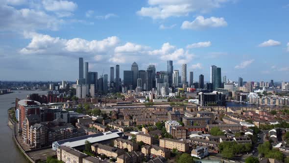 Drone shot flying over City of London finance and business district, England