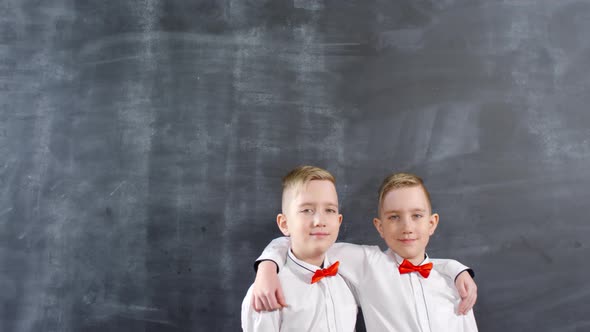 Identical Twins in Formal Clothes Hugging against Chalkboard alt