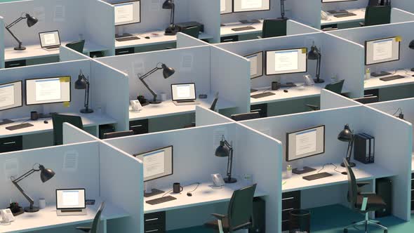 Modern office cubicles. Red error screen showing in the computer screens.