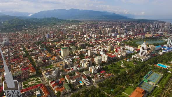 Densely Built-Up Modern City With Green Area in Summer, Batumi Georgia, Aerial
