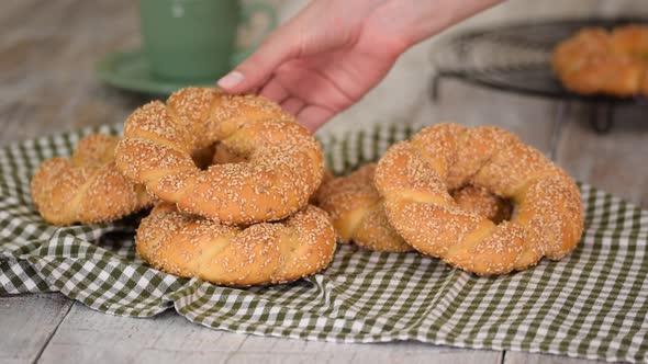 Turkish Bagel Simit with Sesame Traditional Pastry of Turkey