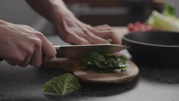Slow Motion Man Hand Cutting Romaine Lettuce on Wood Board To Make Salad