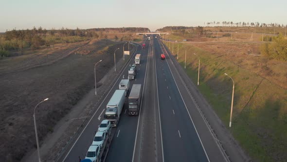 Aerial View. Intercity Highway Section. Congestion on the Road. Cars and Wagons Are Standing in a