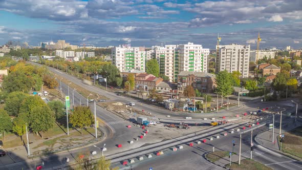 Aerial View of a Large City Intersection with Road Construction Site Urban Works Timelapse