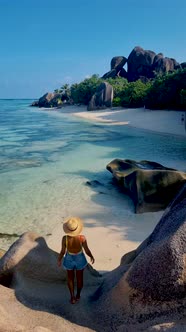 Anse Source d'Argent La Digue Seychelles Young Woman on a Tropical Beach During a Luxury Vacation in