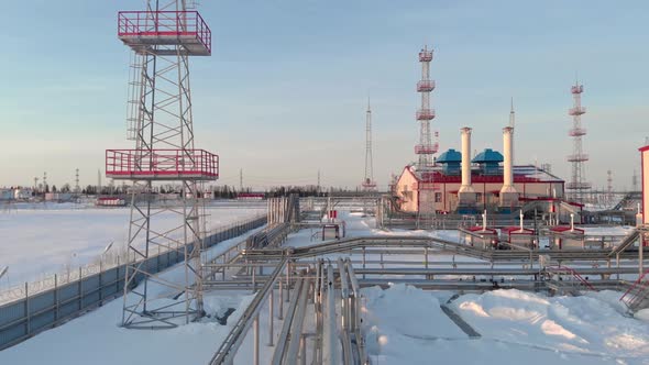 A Drone Flies Over a Pipeline a Gas Pipeline at an Oil and Gas Field in Siberia