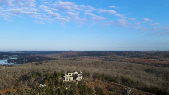 Abandoned Destroyed Castle Ruins in Midwest, America Landscape, Aerial