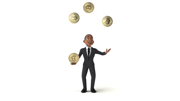 Fun 3D cartoon businessman juggling with bitcoins