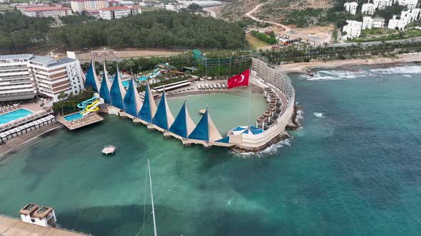 Turkısh flag aerıal vıew 4 K Turkey Alanya