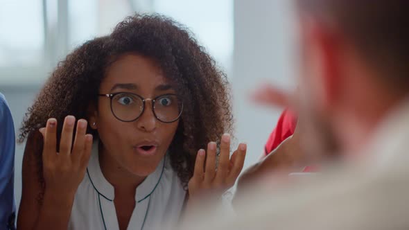 African Businesswoman Talking Unknown Man Office