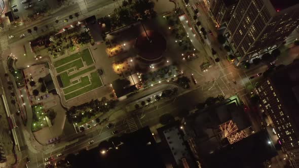 Pershing Square in Downtown Los Angeles California at Night with Lit Up Glowing City Street Lights