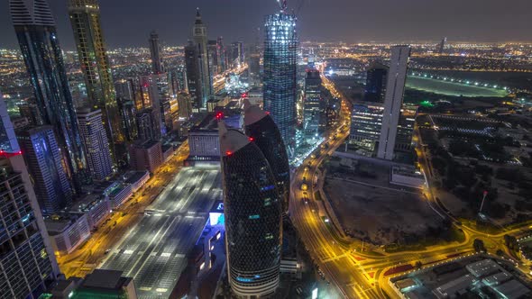 Skyline of the Buildings of Sheikh Zayed Road and DIFC Aerial Night Timelapse in Dubai UAE