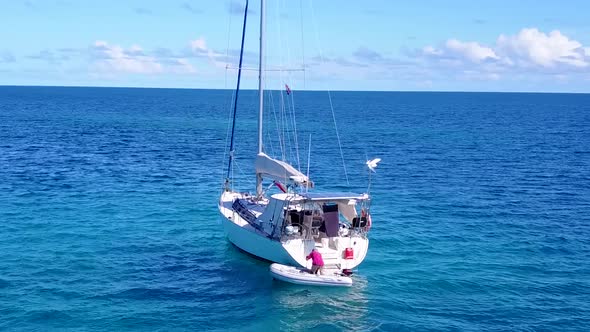 Copy space tourism of marine island beach journey by water with sand background after sunrise