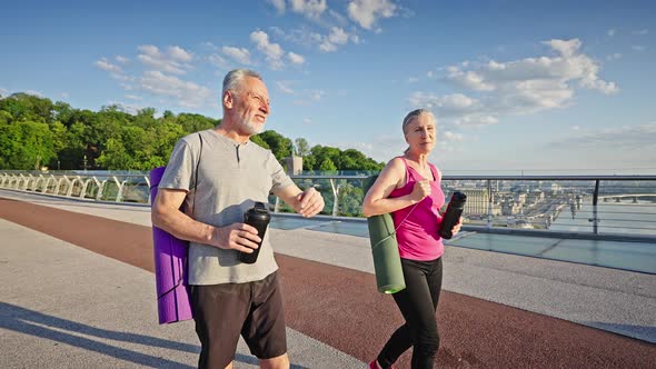 Elderly Man and Woman Walk on Observation Deck Talking