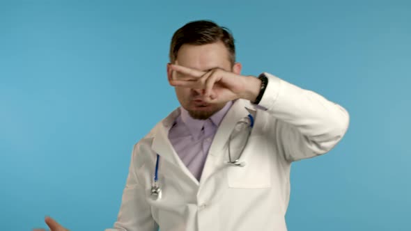 Doctor with Beard Funny Dancing, Success and Luck at Work, Young Handsome Doc Man in Professional