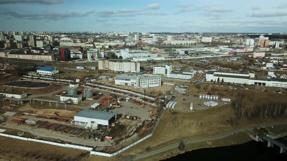 Mixed urban development. Industrial and residential area. Water city system. Aerial photography.