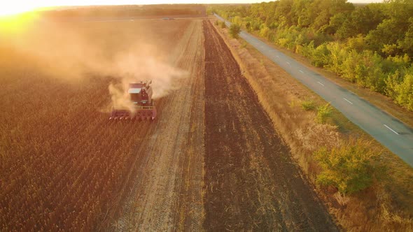 Aerial View Combine Harvesting on Sunflower Field. Mechanized Harvesting Sunflower. Large Field of