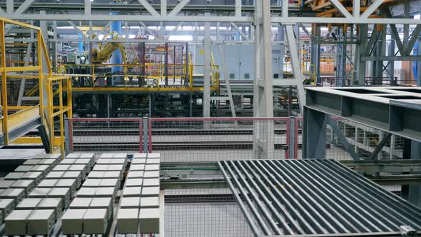 Modern Factory Machine Carries Bricks From a Working Conveyor.