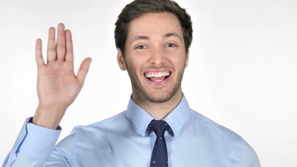 Young Businessman Waving Hand to Welcome on White Background