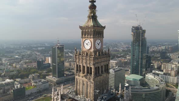 Aerial view of Palace of Culture and Science, Varso Tower, Marriot Hotel and city center. Warsaw, Po