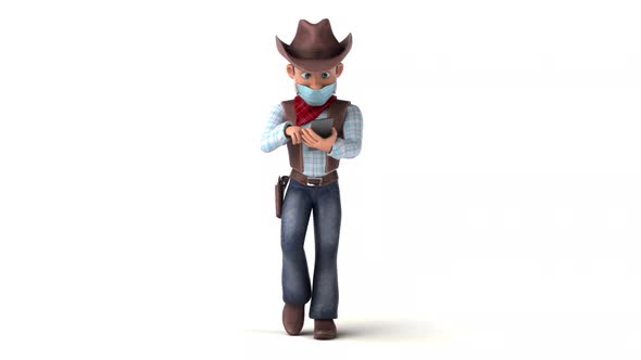 Fun 3D cartoon cowboy walking with a phone