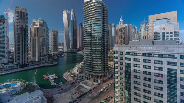 Aerial View of Dubai Marina Residential and Office Skyscrapers with Waterfront Timelapse