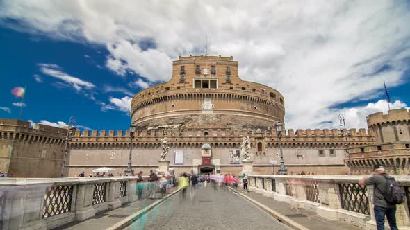 Saint Angel Castle Castel Sant Angelo and Bridge Ponte Sant Angelo Over the Tiber River Timelapse