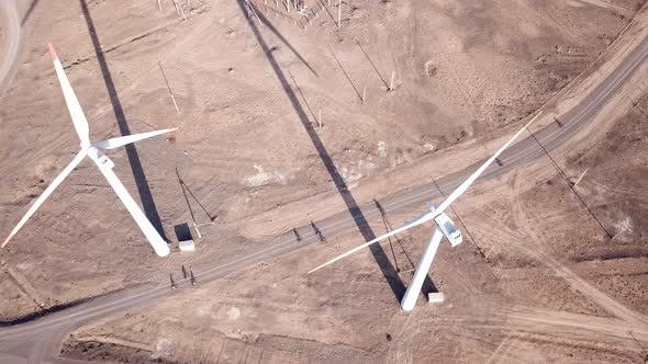 Cyclists ride along road with a view of windmills.