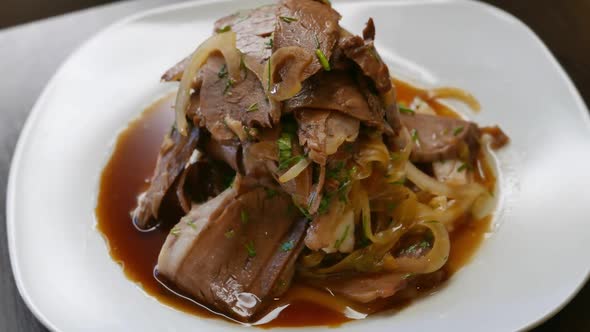 Sliced Beef Stew or Salad Ready for a Dinner Rotating