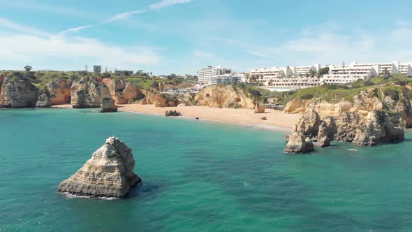 View off the pristine coastline of Dona Ana Beach in Lagos, Algarve, Portugal