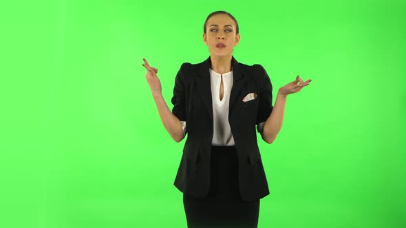 Girl Refuses Stress and Takes Situation, Calms Down, Breathes Deeply. Green Screen
