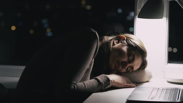 Work Fatigue Exhausted Student Woman Sleeping Desk