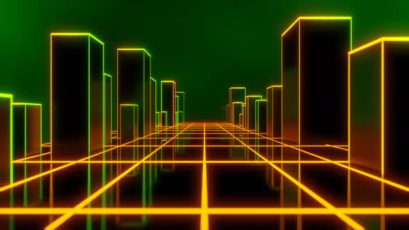 Retro Synthwave Orange and Green Neon Road with Buildings 3d Render alt