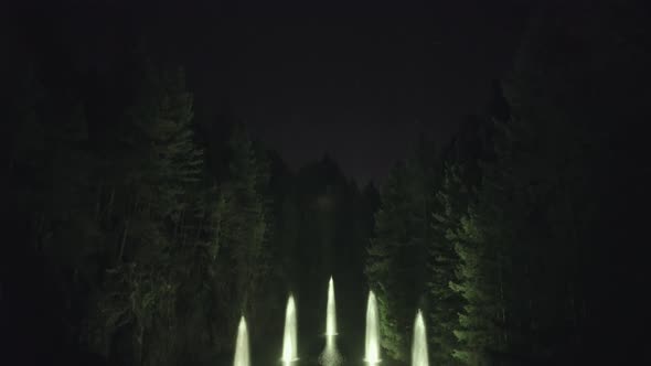 Wide shot of a color changing Fountain on lake surrounded by forest, Tilt down, Night