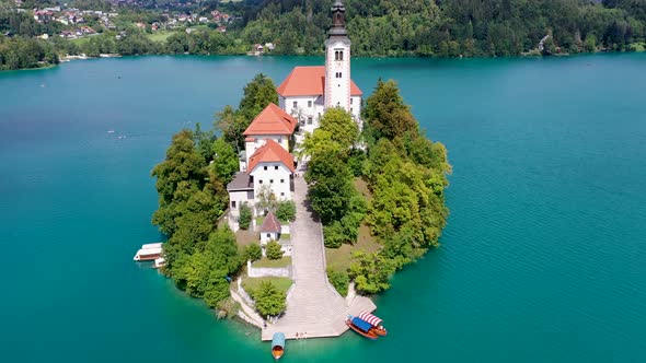 Lake Bled Island with church cinematic front view