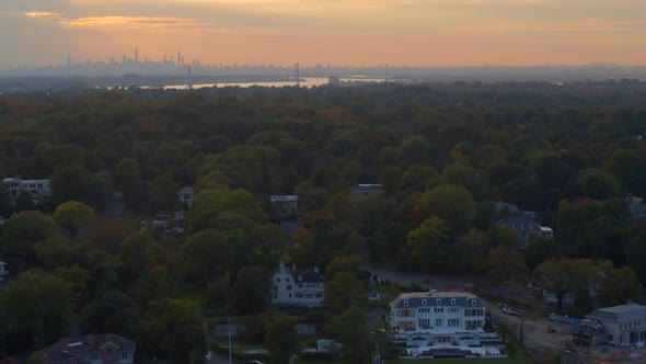 Aerial of New York City Skyline at Sunset Seen from Manhasset Long Island