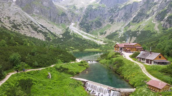 Aerial view of the lake Zelene pleso in the High Tatras in Slovakia