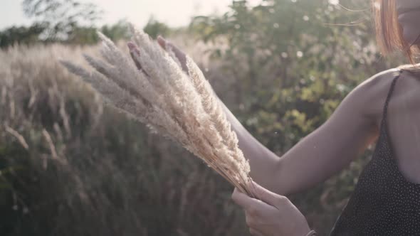 Beautiful Young Woman Walks in the Field Collects a Bouquet of Flowers and Spikelets