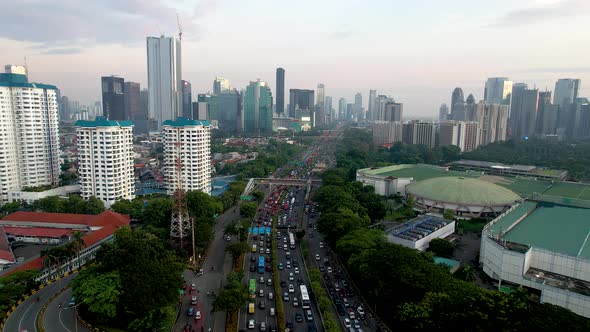 Aerial view of Jakarta highway traffic along Jendral Sudirman road