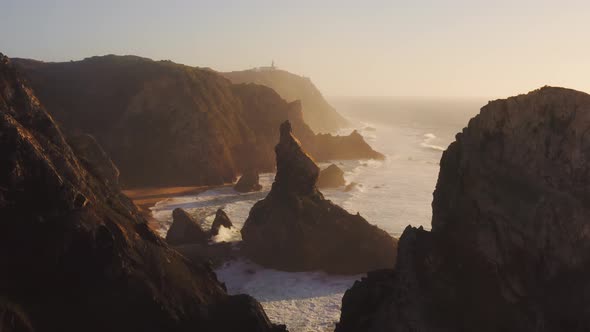 Aerial Drone View of Cliffs and Dramatic Portugal Coast Scenery at Lisbon, Atlantic Ocean and Coasta