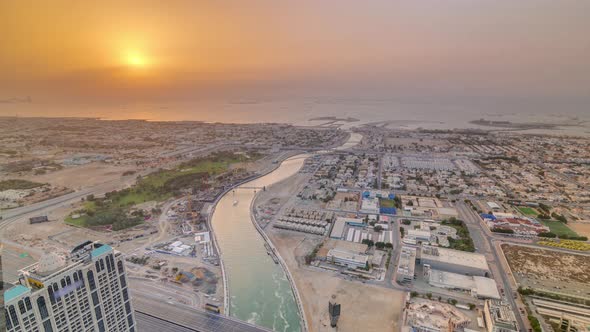 Panorama and Aerial View of Coastline Dubai at Sunset Timelapse United Arab Emirates