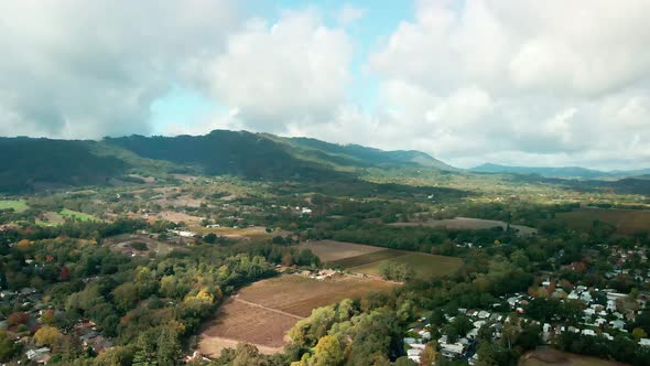 Aerial view of Napa Valley, northern California. Drone flies forward over beautiful landscape, Unite