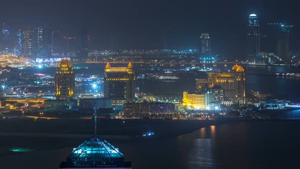 Aerial Night View to PearlQatar Timelapse From Top