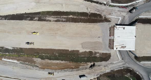 Aerial view of highway construction site. Overpass, highway intersection.