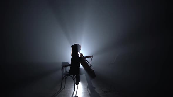 Woman Bows the Cello in a Smoky Room at Night. Silhouette. Black Smoke Background
