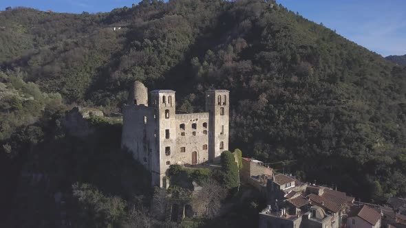 Doria castle aerial view in Dolceacqua, Imperia, Liguria. Old town medieval village in Italy