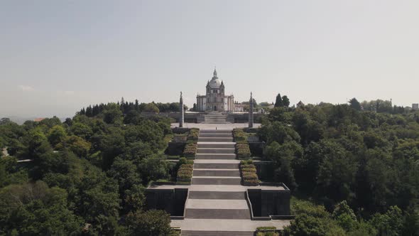 Drone flying towards the Sanctuary of Our Lady of Sameiro in Braga, Portugal