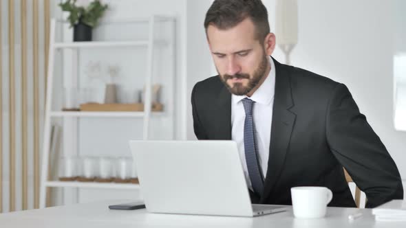 Businessman Coming Office and Opening Laptop at Work